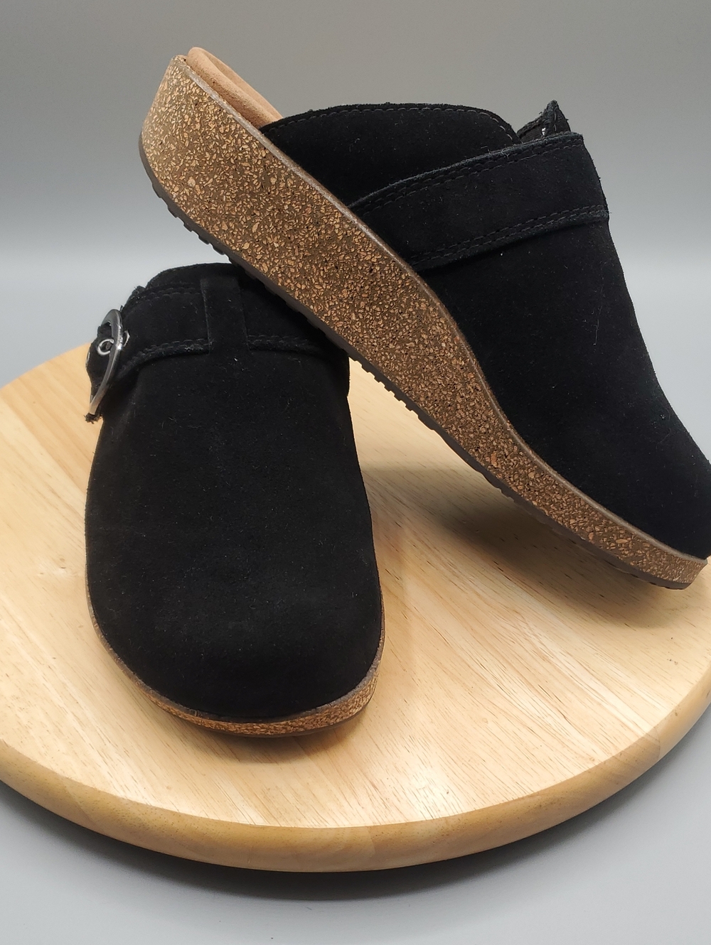 Orthofeet Black Suede Mule Clogs | Cork Platform Shoes | Women's 6 W / 6 D